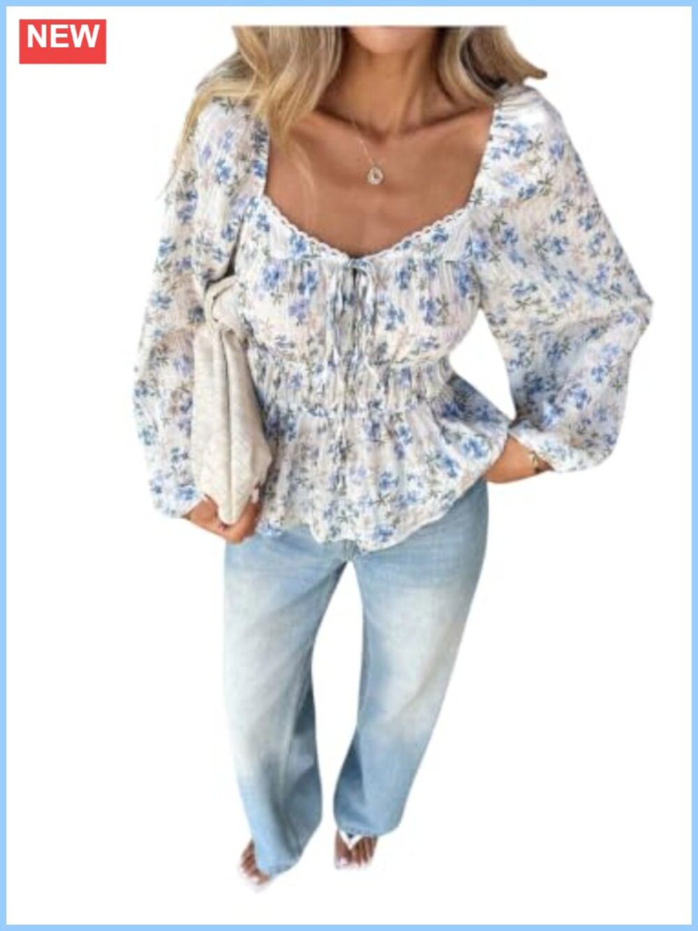 Sweetheart Neck Floral Print Lantern Sleeve Blouse Top